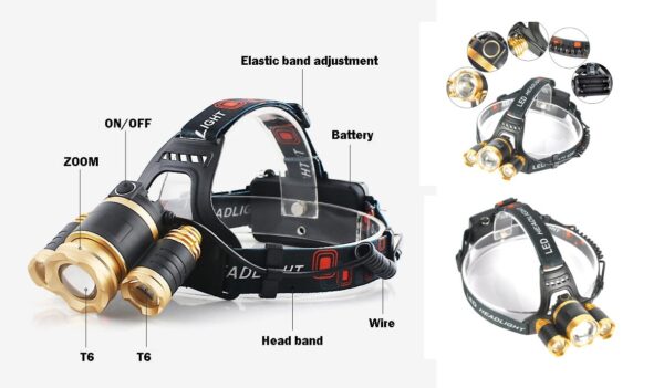 Boruit RJ-3000 Gold 3xCree Led otsalamppu - Image 3