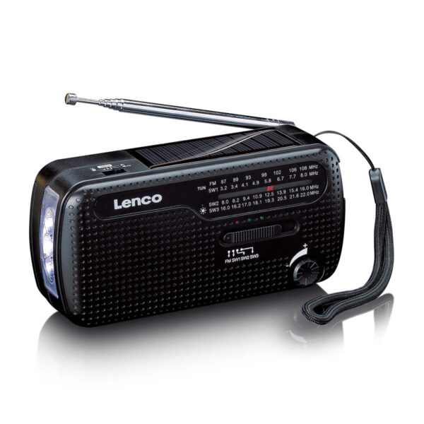 Lenco Kannettava wind-up hätäradio taskulamppu ja virtapankki yhdessä Musta