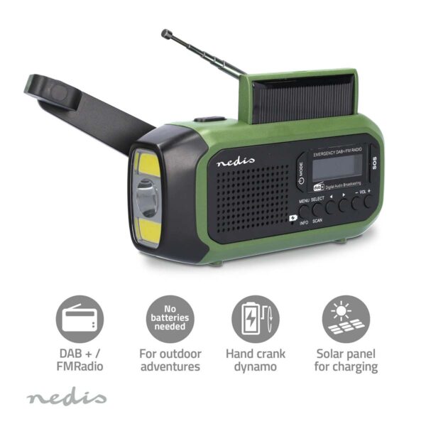 Hätäradio Kannettava malli | DAB+ / FM | Käsiveivi / Paristokäyttöinen / Solar Powered / USB Virta | Herätyskello | Musta / Vihreä - Image 5