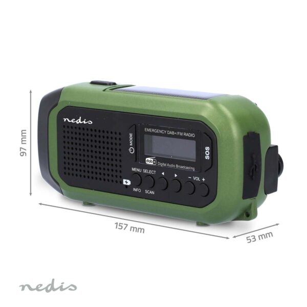 Hätäradio Kannettava malli | DAB+ / FM | Käsiveivi / Paristokäyttöinen / Solar Powered / USB Virta | Herätyskello | Musta / Vihreä - Image 8